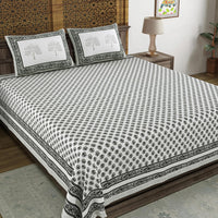 BLOCKS OF INDIA Hand Block Print Cotton King Size Bedsheet (Grey buti)