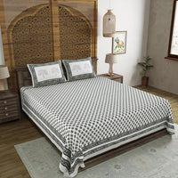 BLOCKS OF INDIA Hand Block Print Cotton King Size Bedsheet (Grey buti)