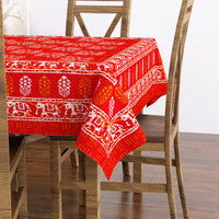 Pure Cotton Table Cloth Rajasthani Hand Block Printed (Red Elephant)
