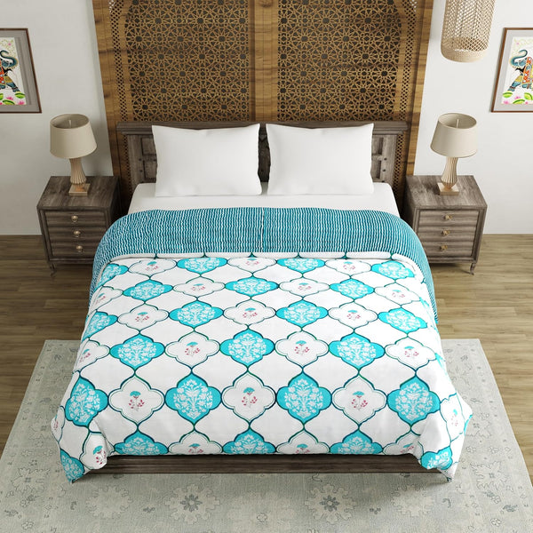 BLOCKS OF INDIA Hand Block Printed Cotton King Size Quilt (Turq Mughal)