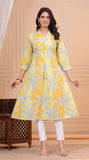 Cotton Hand Block Print A Line Kurta for Women (Yellow Tree)