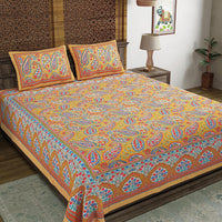 BLOCKS OF INDIA Hand Block Print 300 TC Cotton King Size Bedsheet Yellow Gad Paisley