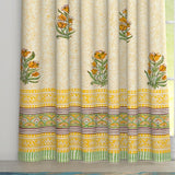 Hand Block Print Cotton Daylight Long Door 9 Feet Curtains with Eyelets (Yellow Flower)