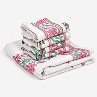 BLOCKS OF INDIA Cotton Hand Block Printed Soft Waffle Fabric Towel Set : 1 Bath Towel and 4 Hand Towel (Color 13)