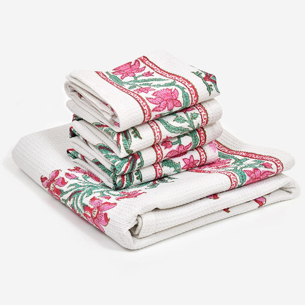 BLOCKS OF INDIA Cotton Hand Block Printed Soft Waffle Fabric Towel