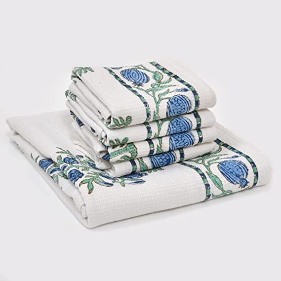 BLOCKS OF INDIA Cotton Hand Block Printed Soft Waffle Fabric Towel
