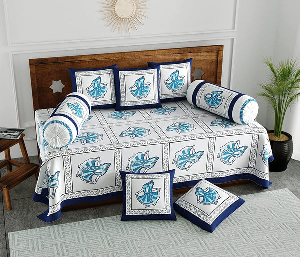 BLOCKS OF INDIA Diwan Set Cotton 8 Piece | Deewan Printed Bedsheet Sets for Living Room Hall (Set of 8 Piece, 1-Bed Sheet | 2-Bolster Cover | 5-Cushion Cover (Color 18)