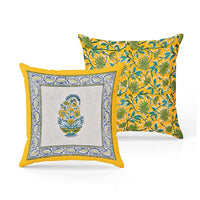 BLOCKS OF INDIA Hand Block Printed Cotton Linen Cushion Cover (40 x 40 cm) (Blue Yellow Motifs)