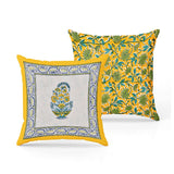 BLOCKS OF INDIA Hand Block Printed Cotton Linen Cushion Cover (16 x 16 inches) (Blue Yellow Motifs)