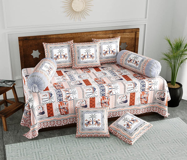 BLOCKS OF INDIA 200TC Diwan Set Cotton 8 Piece | Deewan Printed Bedsheet Sets for Living Room Hall (Set of 8 Piece, 1-Bed Sheet | 2-Bolster Cover | 5-Cushion Cover (Color 14)