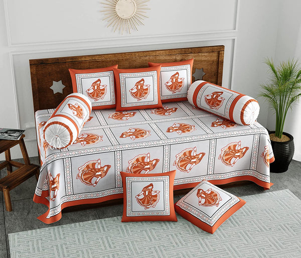 BLOCKS OF INDIA Diwan Set Cotton 8 Piece | Deewan Printed Bedsheet Sets for Living Room Hall (Set of 8 Piece, 1-Bed Sheet | 2-Bolster Cover | 5-Cushion Cover (Color 17)