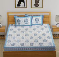 King Size Pure Cotton Hand Block Print Bedsheet (Blue Flower Buta )