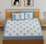 King Size Pure Cotton Hand Block Print Bedsheet (Blue Flower Buta )
