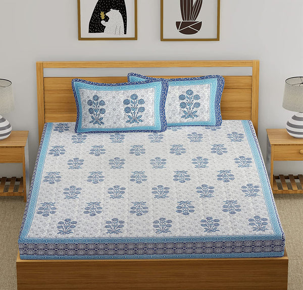 King Size Pure Cotton Hand Block Print Bedsheet (Blue Flower Buta)