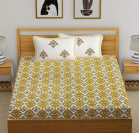 King Size Pure Cotton Hand Block Print Bedsheet (Yellow Flower)