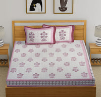 King Size Pure Cotton Hand Block Print Bedsheet (Pink Flower Buta )