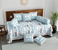 BLOCKS OF INDIA Diwan Set Cotton 8 Piece | Deewan Printed Bedsheet Sets for Living Room Hall (Set of 8 Piece, 1-Bed Sheet | 2-Bolster Cover | 5-Cushion Cover (Color 15)