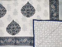 Cotton Dohar / Blanket Single Bed Size Hand Block Printed, Grey Gamla Motifs
