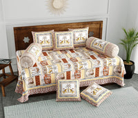 BLOCKS OF INDIA 200TC Diwan Set Cotton 8 Piece | Deewan Printed Bedsheet Sets for Living Room Hall (Set of 8 Piece, 1-Bed Sheet | 2-Bolster Cover | 5-Cushion Cover (Color 13)