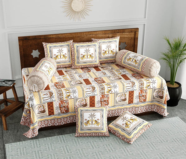 BLOCKS OF INDIA Diwan Set Cotton 8 Piece | Deewan Printed Bedsheet Sets for Living Room Hall (Set of 8 Piece, 1-Bed Sheet | 2-Bolster Cover | 5-Cushion Cover (Color 13)