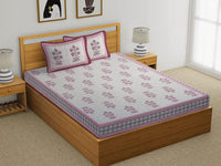 King Size Pure Cotton Hand Block Print Bedsheet (Pink Flower Buta )