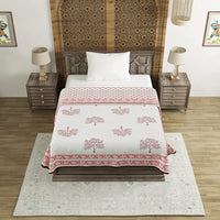Cotton Dohar / Blanket Single Bed Size Hand Block Printed, Geometric Orange Pink Tree