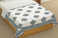 Cotton Dohar / Blanket Single Bed Size Hand Block Printed, Grey Gamla Motifs