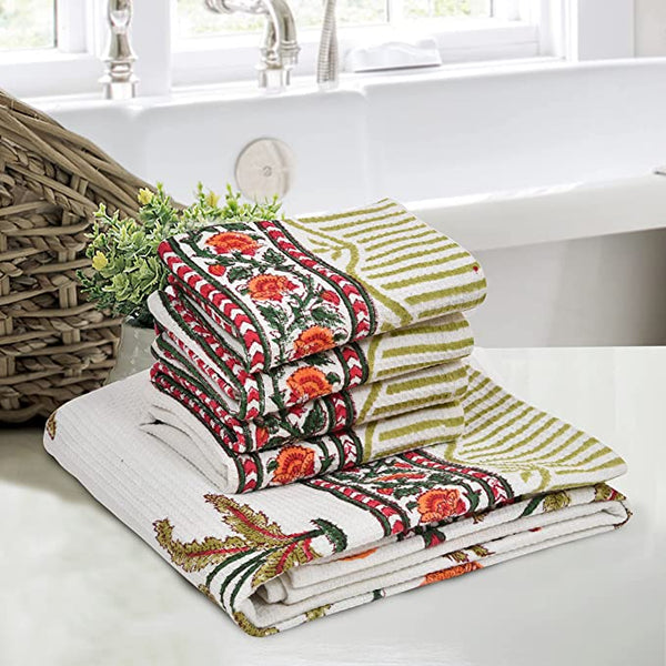 Green Indian Block Print Cotton Kitchen Towels, Waffle Weave