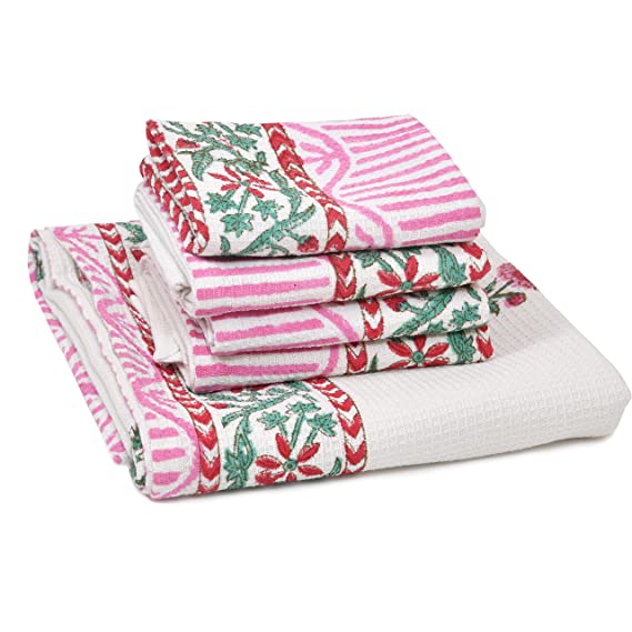 BLOCKS OF INDIA Cotton Hand Block Printed Soft Waffle Fabric Towel