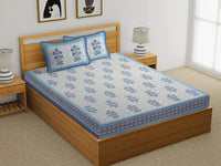 King Size Pure Cotton Hand Block Print Bedsheet (Blue Flower Buta )