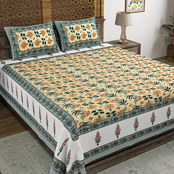 King Size Pure Cotton Hand Block Print Bedsheet (Green Yellow Gad)