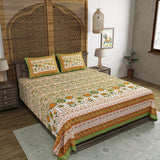 BLOCKS OF INDIA Hand Block Printed Cotton Super King Size Bedsheet(270 x 270) (Green Ikat)