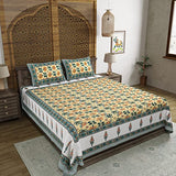 King Size Pure Cotton Hand Block Print Bedsheet (Green Yellow Gad)