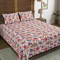 BLOCKS OF INDIA Hand Block Printed Cotton Super King Size Bedsheet(270 x 270) (White JAAL)