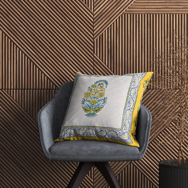 BLOCKS OF INDIA Hand Block Printed Cotton Linen Cushion Cover (40 x 40 cm) (Blue Yellow Motifs)