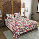 BLOCKS OF INDIA Hand Block Printed 300 TC Cotton Super King Size Bedsheet(106 x 106) (White JAAL)