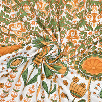 BLOCKS OF INDIA Hand Block Printed Cotton Super King Size Bedsheet(270 x 270) (Green Ikat)