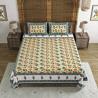 King Size Pure Cotton Hand Block Print Bedsheet (Green Yellow Gad)