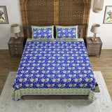 Super King Size Pure Cotton Hand Block Print Bedsheet (Blue Flower)
