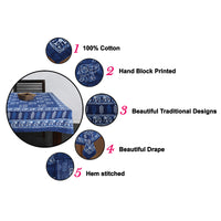 PURE COTTON RAJASTHANI HAND BLOCK PRINT SIX SEATER TABLE CLOTH (Blue Elephant)
