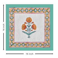 BLOCKS OF INDIA Hand Block Printed Cotton Linen Cushion Cover (16 x 16 inches) (Green Yellow Motifs)