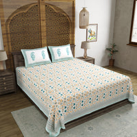King Size Pure Cotton Hand Block Print Bedsheet (Turquoise Jaal Floral)