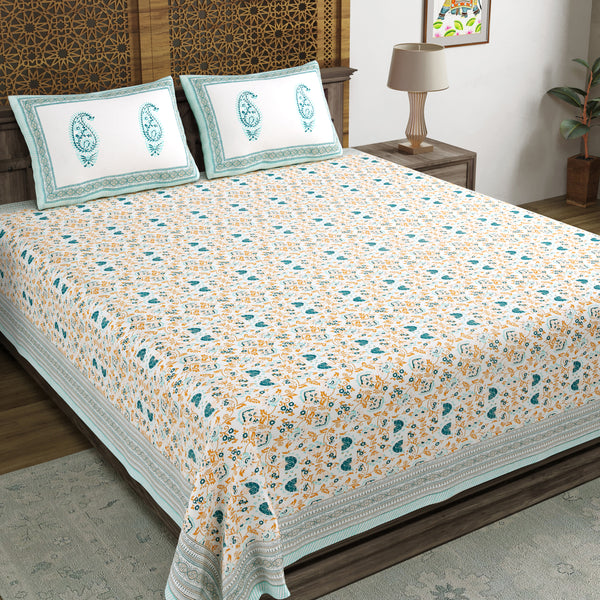 King Size Pure Cotton Hand Block Print Bedsheet (Turquoise Jaal Floral)