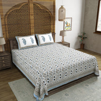 King Size Pure Cotton Hand Block Print Bedsheet (Grey Jaal Floral)