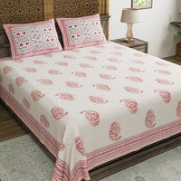 King Size Pure Cotton Hand Block Print Bedsheet (Pink Paisley)