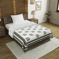 Cotton Dohar / Blanket Single Bed Size Hand Block Printed, Grey Kairi Motifs