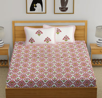 King Size Pure Cotton Hand Block Print Bedsheet (Peach Floral)