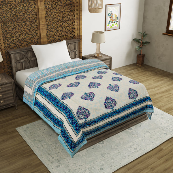 Cotton Single Size Quilt Hand Block print for Light Winters (60x90 Inches) Rajai Razai