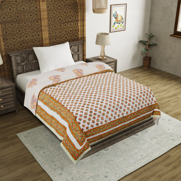 Cotton Single Size Quilt/Rajai Hand Block Print for Light Winters (60x90 Inches) Rajai Razai