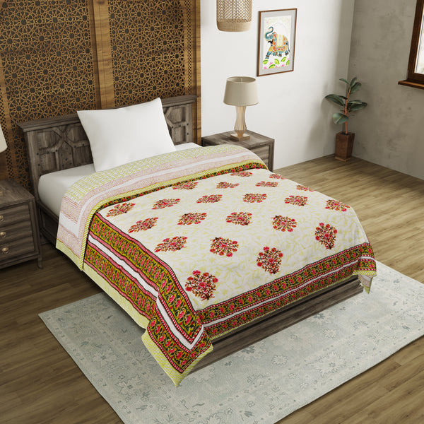 Cotton Single Size Quilt/Rajai Hand Block Print for Light Winters (60x90 Inches) Rajai Razai